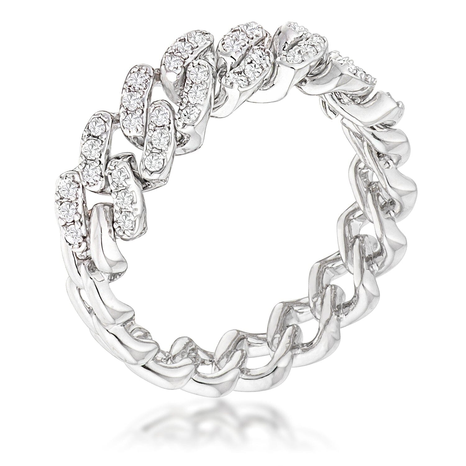 Rhodium Plated Clear Cubic Zirconia Round Cut Flexible Chain Ring  