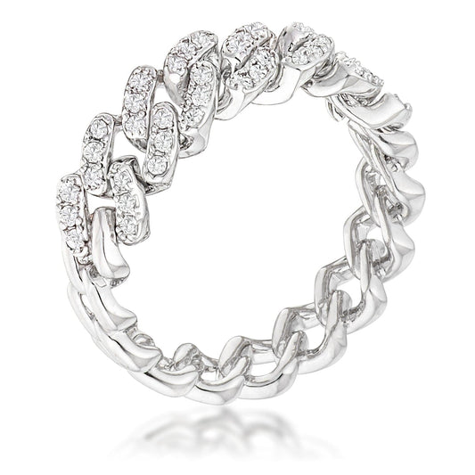 Rhodium Plated Clear Cubic Zirconia Round Cut Flexible Chain Ring  