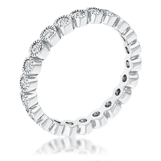 Rhodium Plated Dotted Clear Cubic Zirconia Round Bezel Eternity Ring  