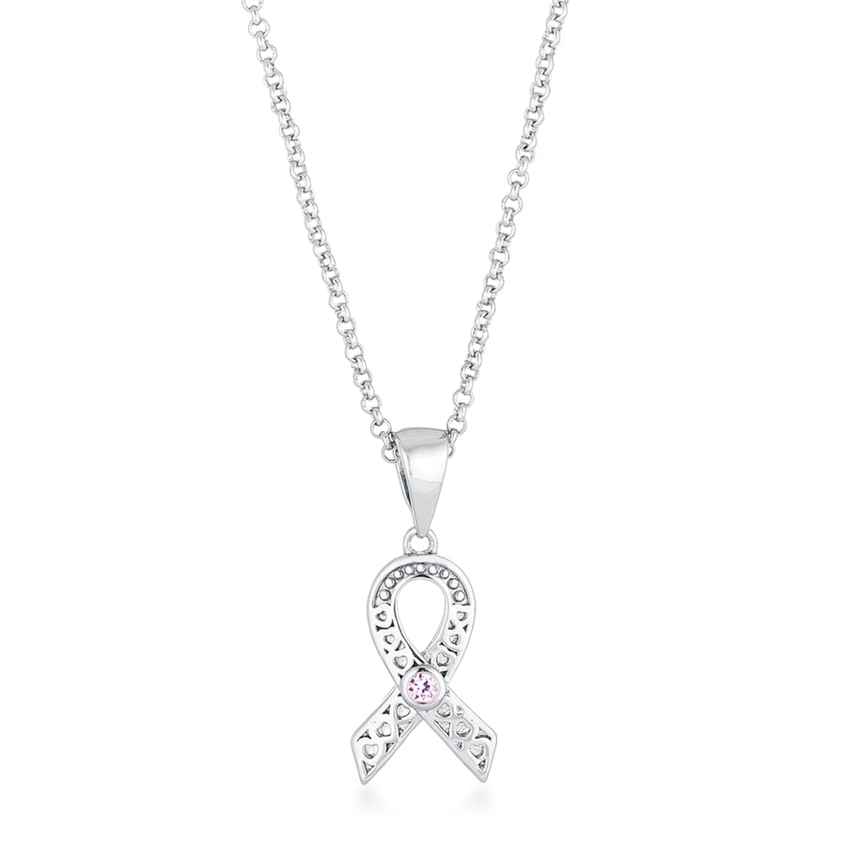 Rhodium Plated Heart Filigree Breast Cancer Awareness Ribbon Pendant  