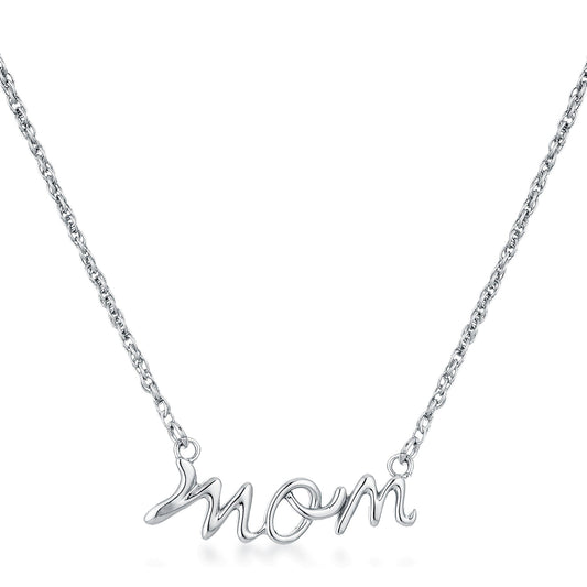 Rhodium Plated Mom Script Necklace  