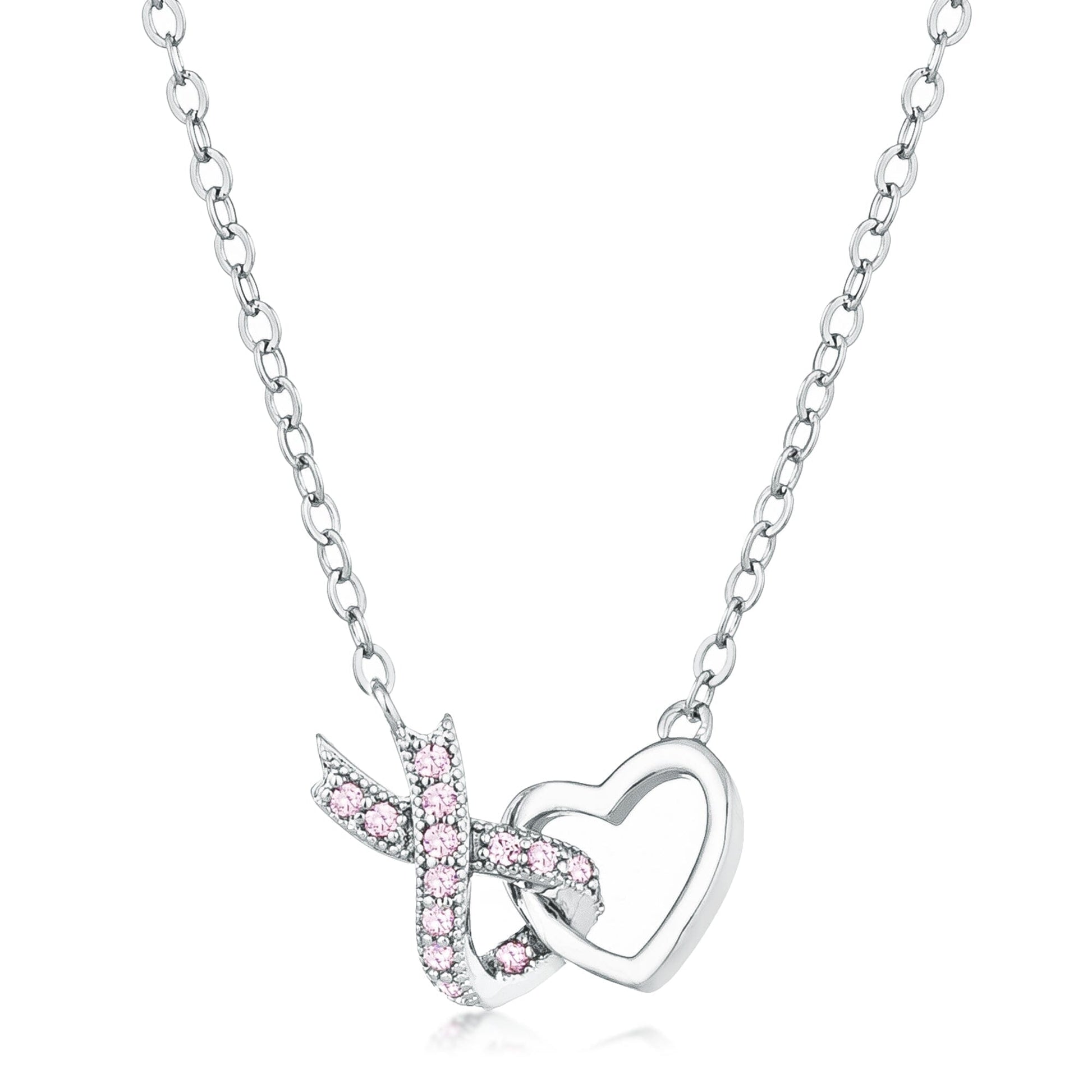 Rhodium Plated Pink Cubic Zirconia Interlocking Heart Ribbon Pendant Necklaces Das Juwel 