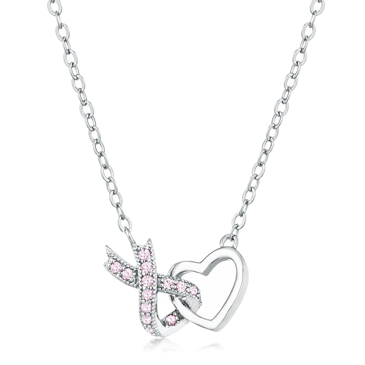 Rhodium Plated Pink Cubic Zirconia Interlocking Heart Ribbon Pendant  