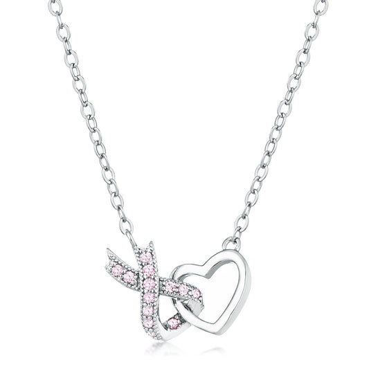 Rhodium Plated Pink Cubic Zirconia Interlocking Heart Ribbon Pendant  