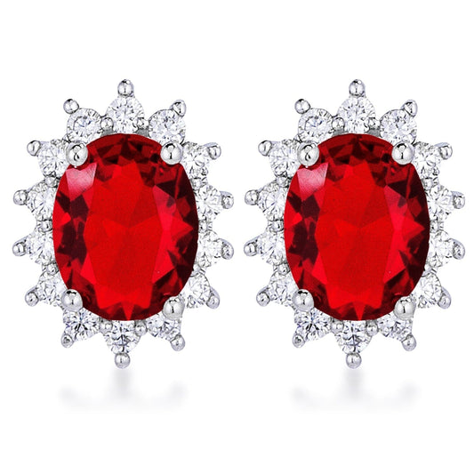 Rhodium Plated Ruby Red Petite Royal Oval Earrings Earrings  