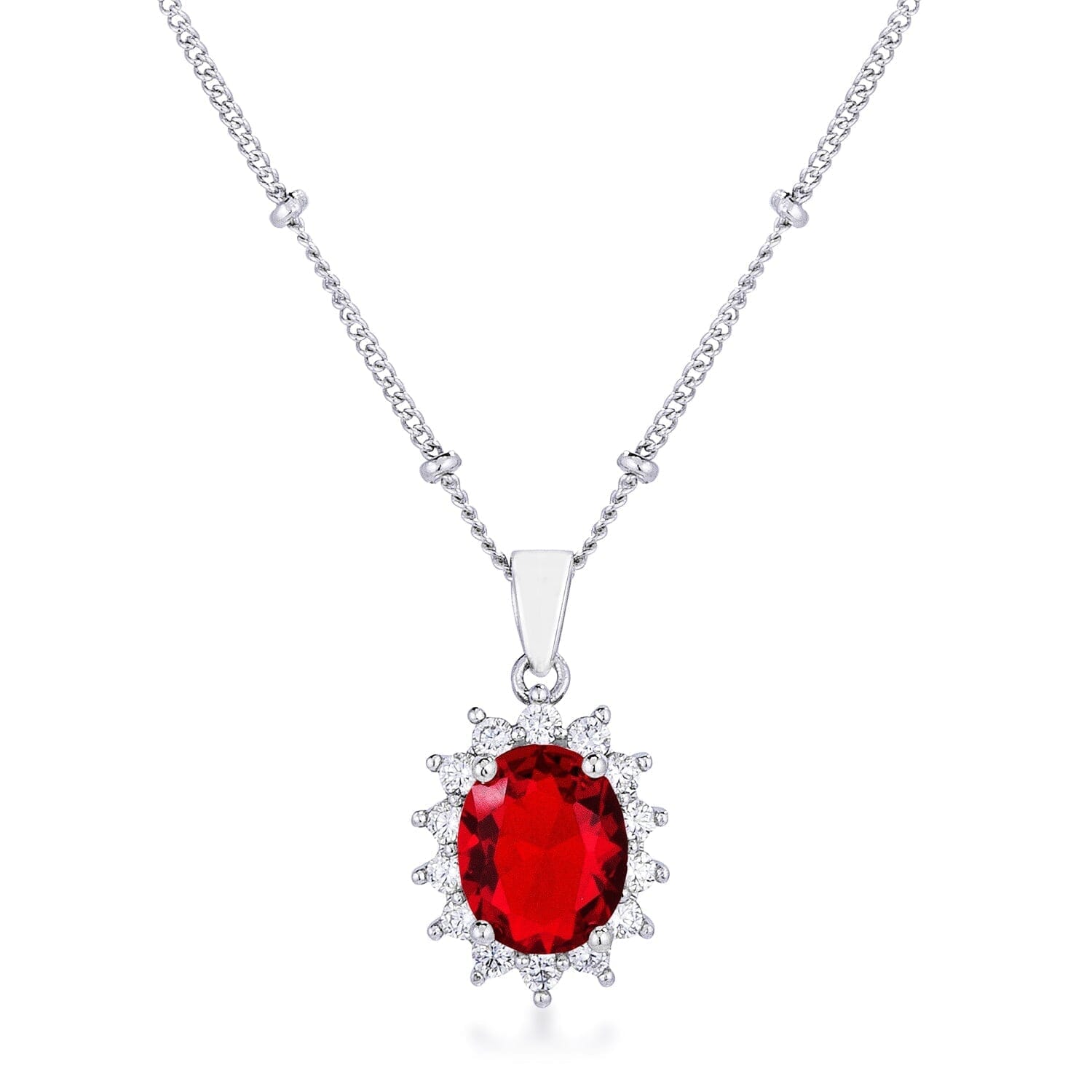Rhodium Plated Ruby Red Petite Royal Oval Pendant Pendants  