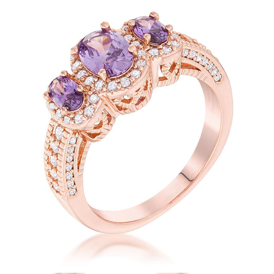 Rose Gold Plated 3-Stone Amethyst Oval Cut Cubic Zirconia Halo Ring Rings Das Juwel 
