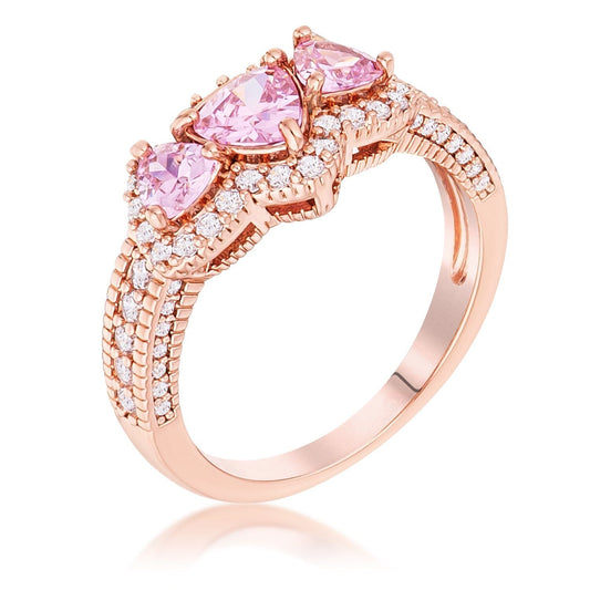 Rose Gold Plated 3-Stone Trillion Cut Pink Cubic Zirconia Halo Pave Ring Rings Das Juwel 