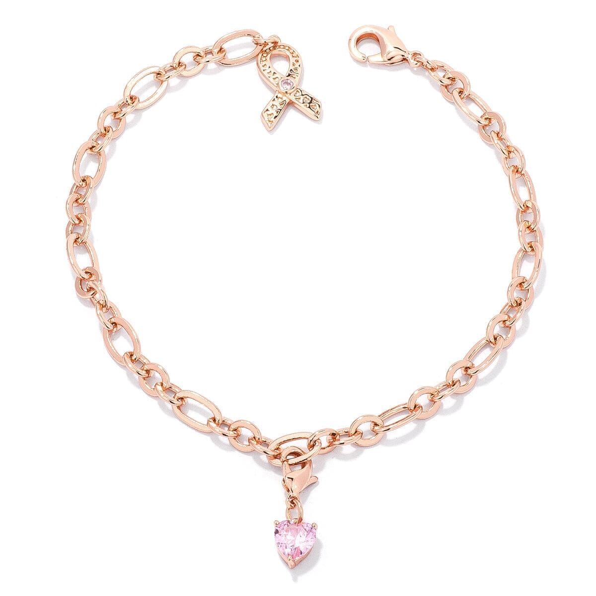Rose Gold Plated Breast Cancer Awareness Ribbon and Heart Charm Bracelet Bracelets Das Juwel 