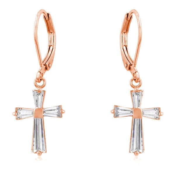 Rose Gold Plated Cubic Zirconia Cross Drop Earrings Earrings Das Juwel 