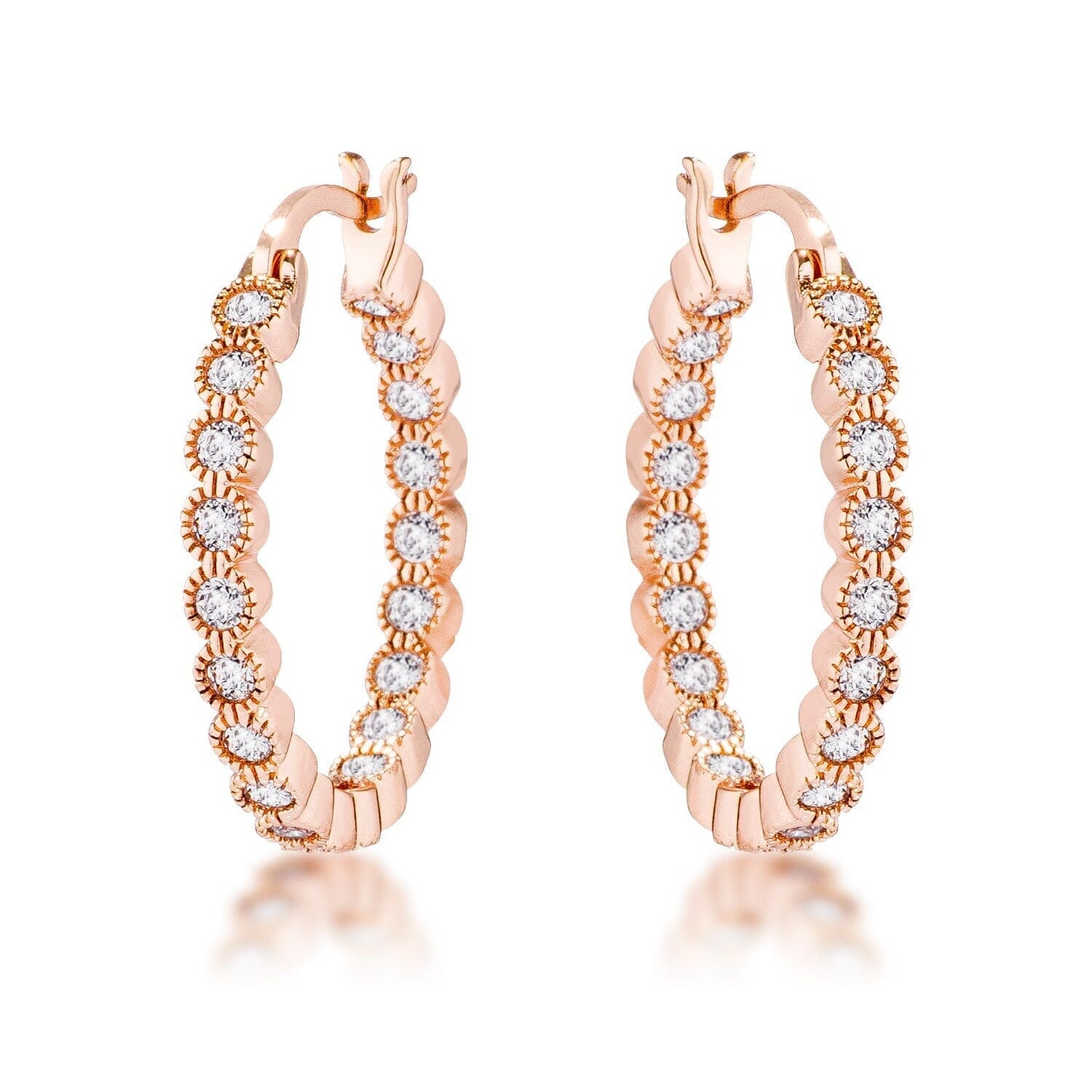 Rose Gold Plated Dotted Clear Cubic Zirconia Round Bezel Hoop Earrings Earrings Das Juwel 