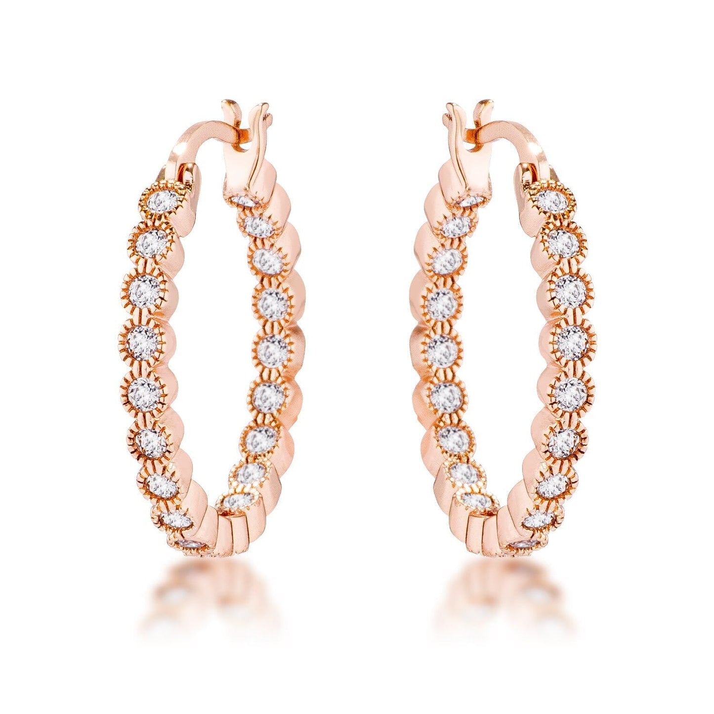 Rose Gold Plated Dotted Clear Cubic Zirconia Round Bezel Hoop Earrings Earrings Das Juwel 