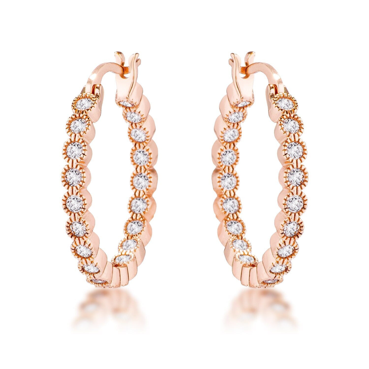 Rose Gold Plated Dotted Clear Cubic Zirconia Round Bezel Hoop Earrings Earrings Das Juwel 