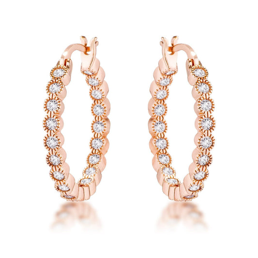 Rose Gold Plated Dotted Clear Cubic Zirconia Round Bezel Hoop Earrings Earrings Das Juwel 