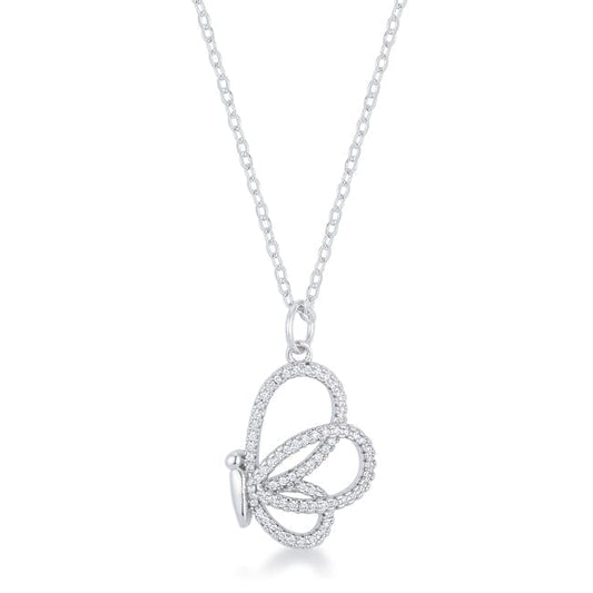 Whimsical Rhodium Cubic Zirconia Butterfly Pendant and Necklace  